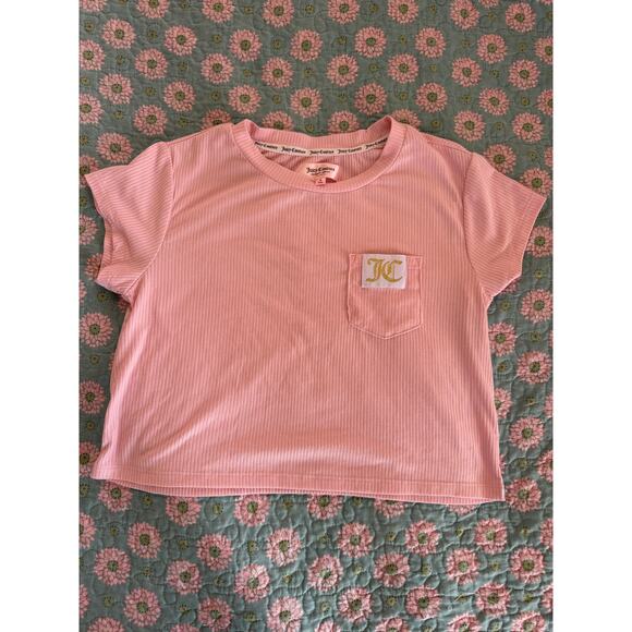 Juicy Couture Tops - Juicy Couture Pink Ribbed Tee with Gold Logo Pocket • Size Small